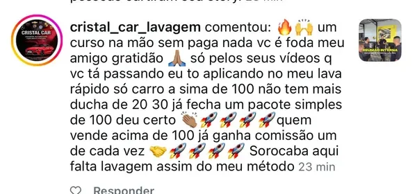Comentário no Instagram de Cristal Car Lavagem sobre o método aplicado no lava jato
