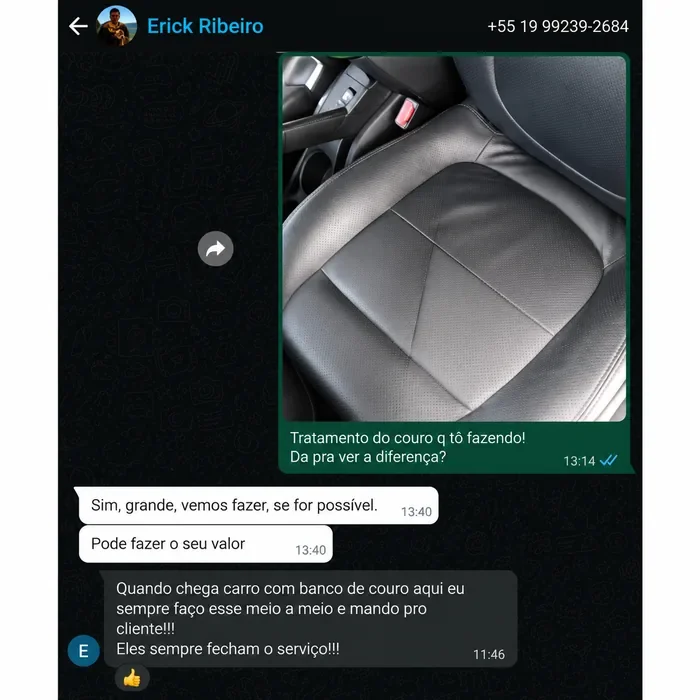 Conversa no WhatsApp com Erick Ribeiro sobre tratamento de couro e fechamento de serviço
